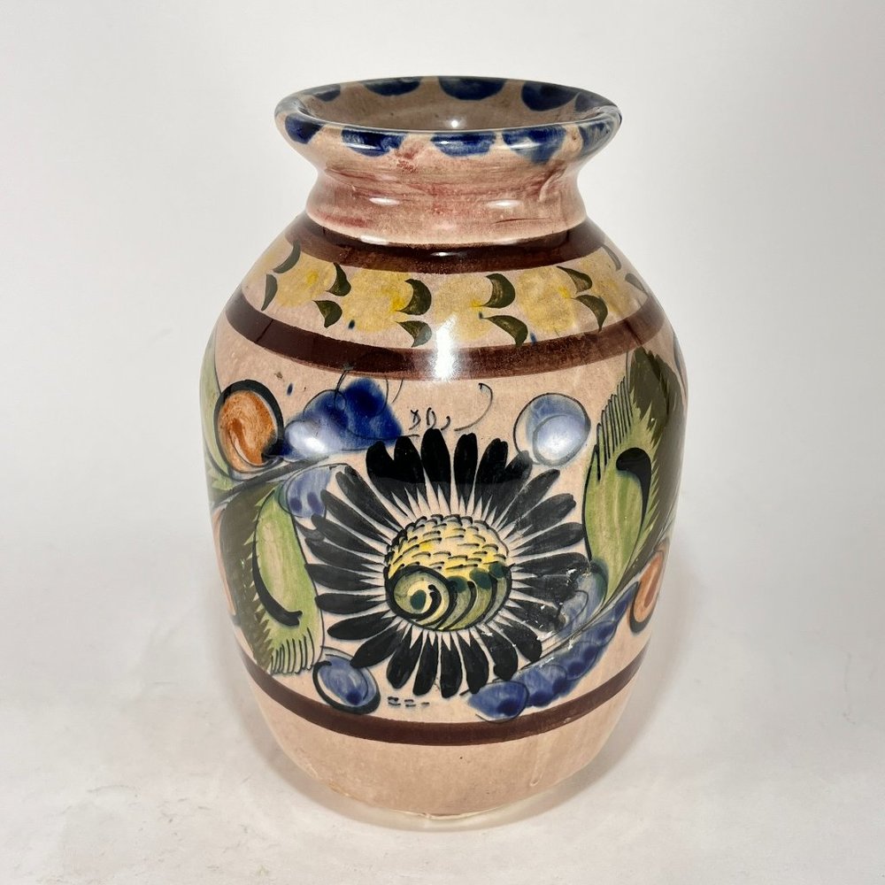 Vtg Tonala Vase Floral Cream Folk Art Ceramic Stoneware 90s Signed CAT Mexico